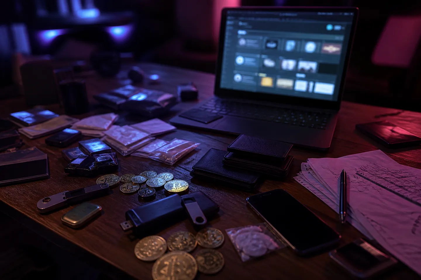 cryptocurrency wallets and goods in a dark room