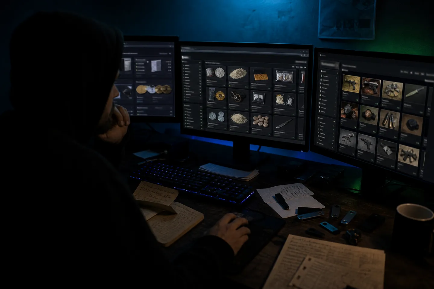 user analyzing multiple dark web marketplaces