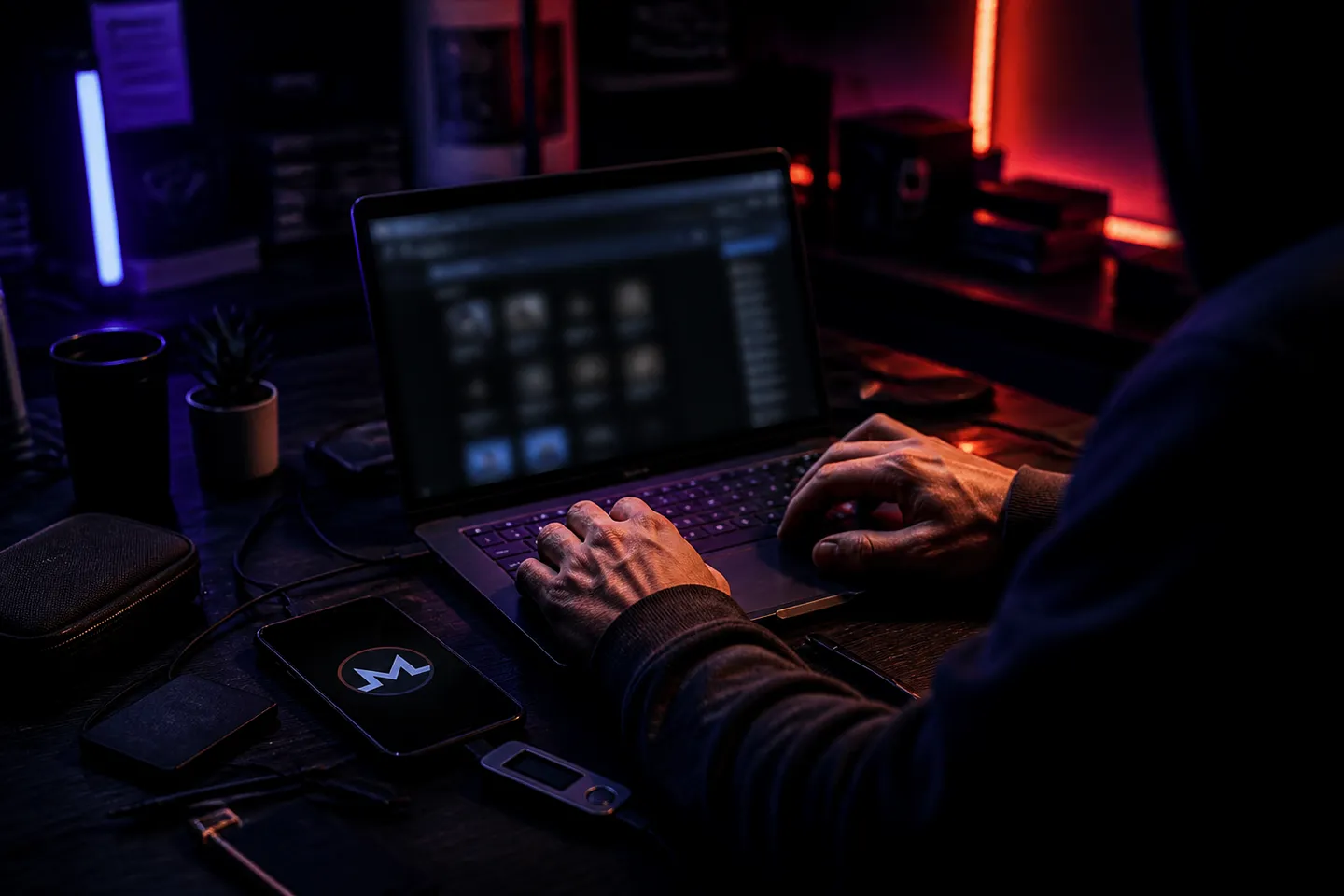 user conducting a transaction in a cluttered tech space