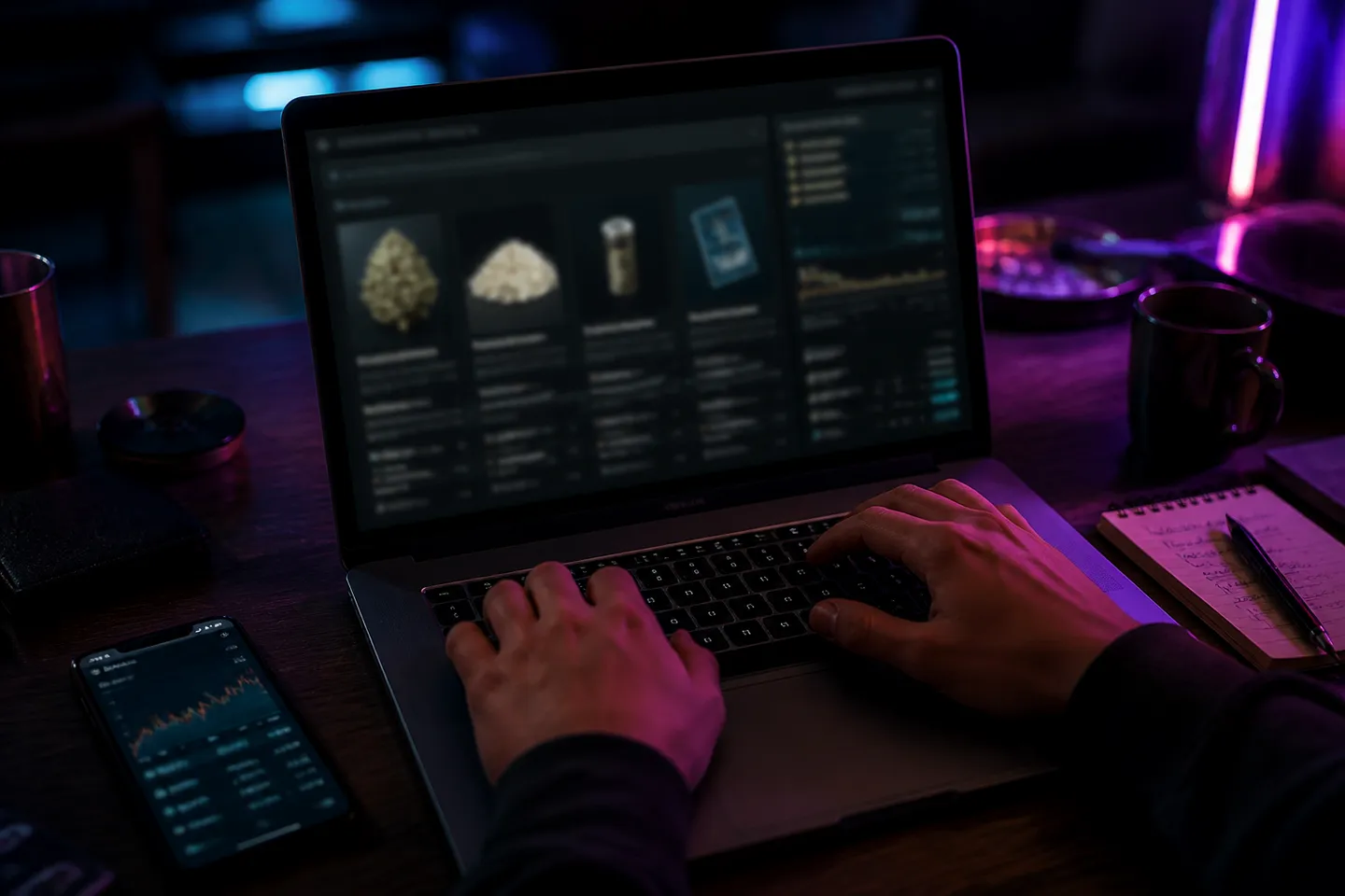 hands typing on a laptop for darknet marketplace