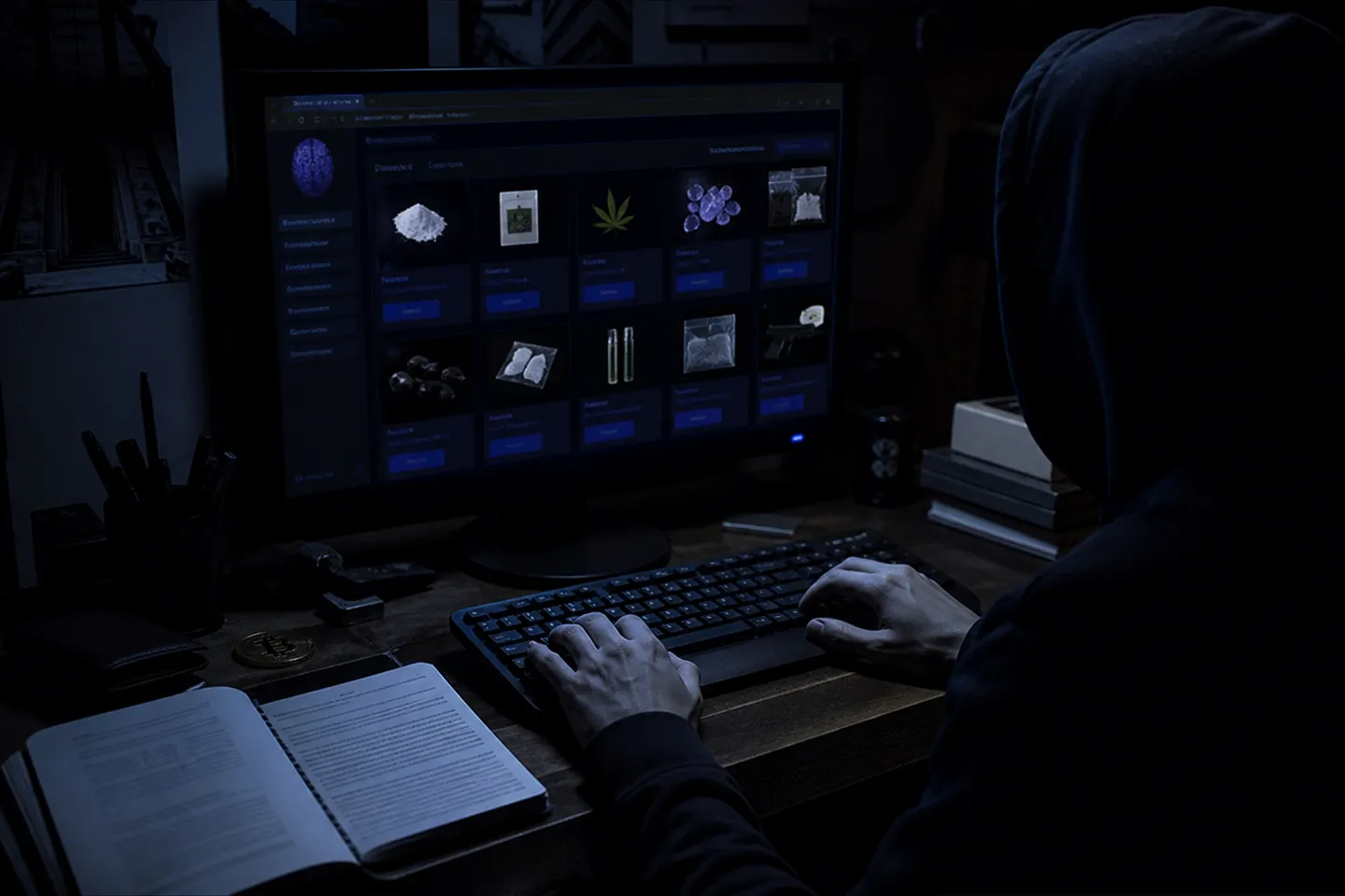 user in darkroom analyzing Dream Market marketplace