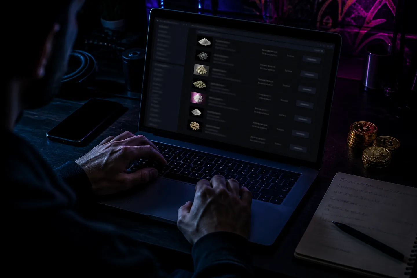 user navigating darknet market on laptop