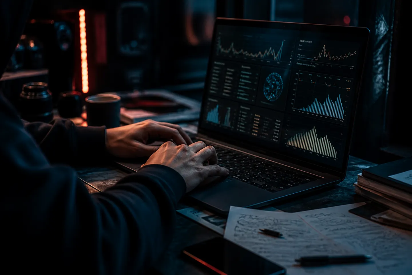user analyzing darknet market statistics on a laptop