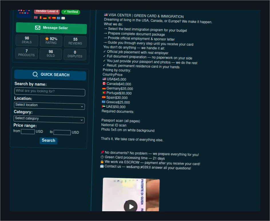 Website interface offering visa and green card services