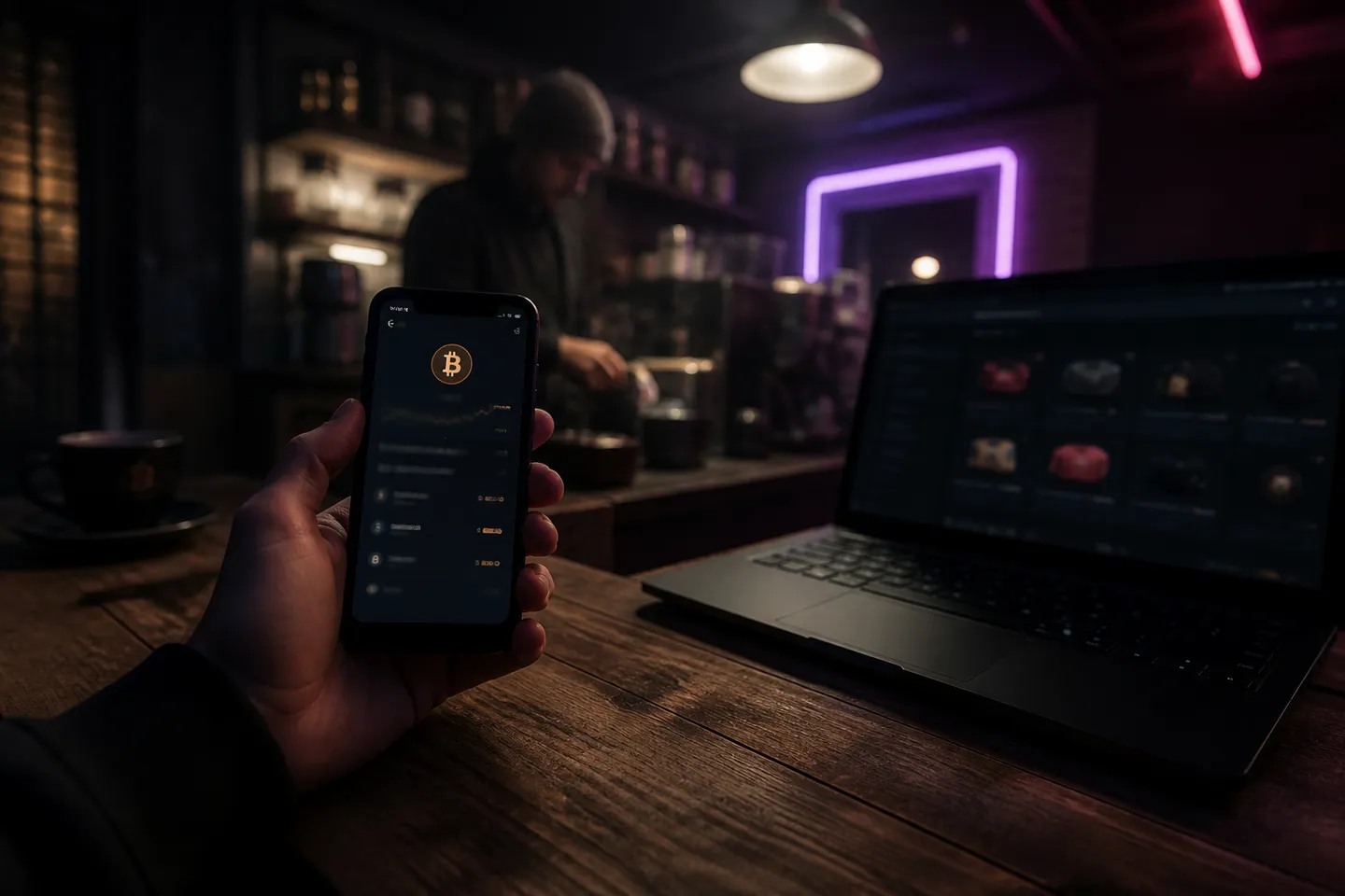 smartphone and laptop in a dark café