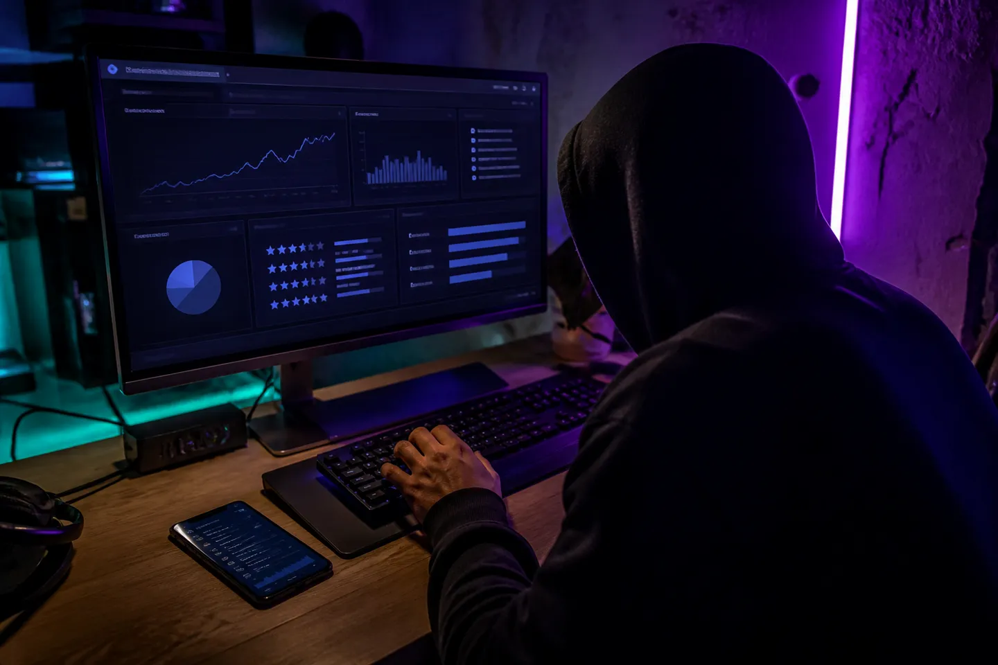 user analyzing darknet vendor stats on a computer